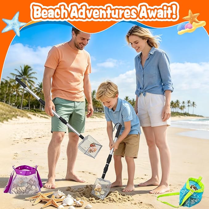 2 x Beach Sand Sifter,Metal Beach Shovel Set, with 2 Seashell Bags,Stainless Steel Sand Scoop with Adjustable Handle,Portable Tool for Shell & Shark Teeth Collecting,Kids Adults Outdoor Beach Supplies