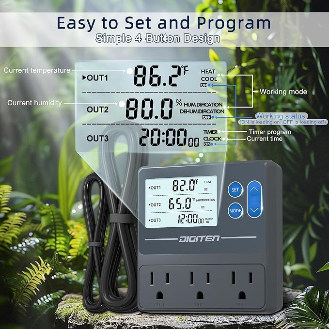 DIGITEN Reptile Temp & Humidity Controller, Timer Outlet, Day-Night Thermostat, 3-Stage Outlet Plug in Temperature Controller for Reptile, Mushroom, Homebrew