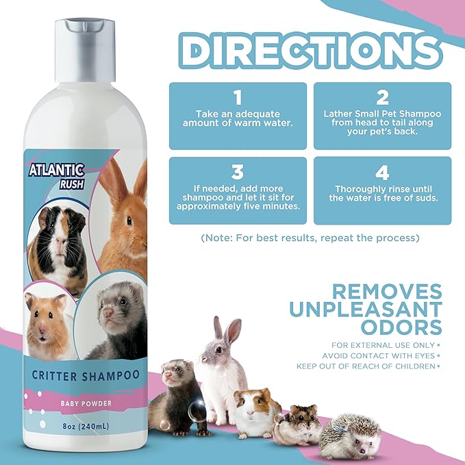 Critter Shampoo for Small Pets - 8oz Small Animal Lightly Scented Shampoo - Pet Shampoo for Small Critters Including Ferrets, Guinea Pigs, Rabbits, Hedgehogs, Hamsters & Sugar Gliders (Baby Powder)