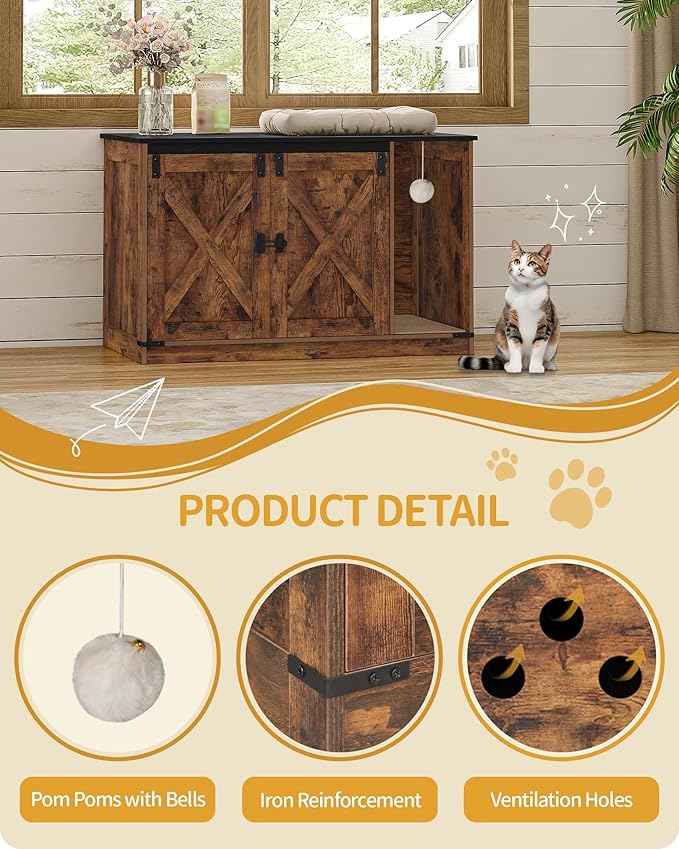 Hzuaneri Cat Litter Box Enclosure, Hidden Litter Box Cabinet Furniture with Bell, Indoor Cats House, Farmhouse Style, 39.4 x 21.7X 24.8 Inches for Hallway, Bedroom, Rustic and Black CB85201X