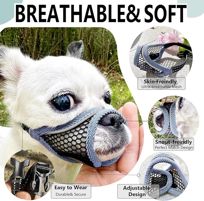 Dog Muzzle for Small Medium Dogs Breathable Adjustable, Chihuahua Shih Tzu Puppy, Soft Air Mesh Muzzle for Grooming Vet Visits, Prevent Biting Fierce Barking (Silver-Blue, M)