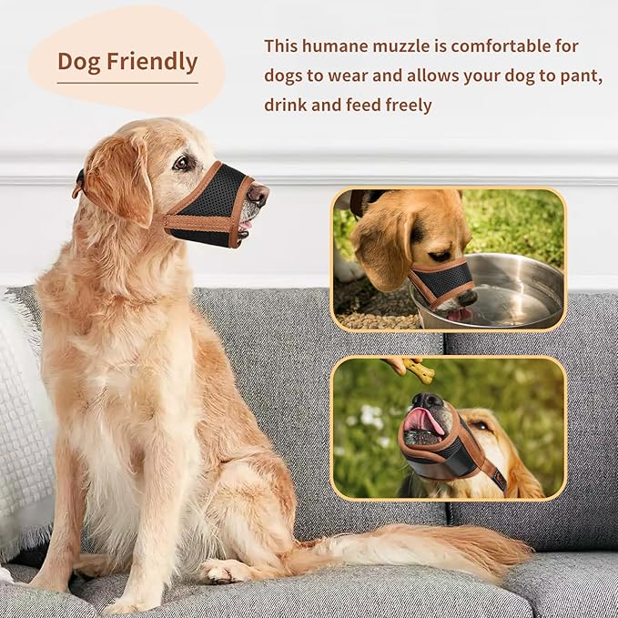 HEELE Dog Muzzle,Soft Nylon Muzzle Anti Biting Barking Chewing,Air Mesh Breathable Drinkable Adjustable Loop Pets Muzzle for Small Medium Large Dogs 4 Colors 4 Sizes (Brown, L)