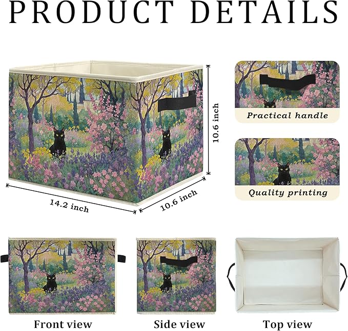 Black Cat Flower Garden Storage Bin Box, Cat Lover Mom Lady Grandma Gifts Collapsible Storage Basket Organizer for Bedroom Bathroom Home Clothes Toys Books, Toybox for Girls