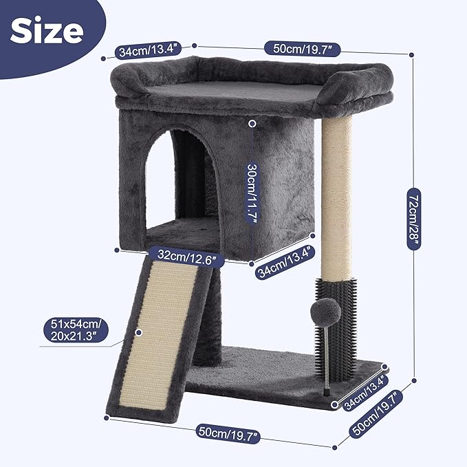 Cat Tree for Large Cats with Scratching Post, Small Cat Tower with Spacious Top Bed 20x13.8” Private Cat Condo and Ramp and Self Groomer and Spring Ball-Dark Grey