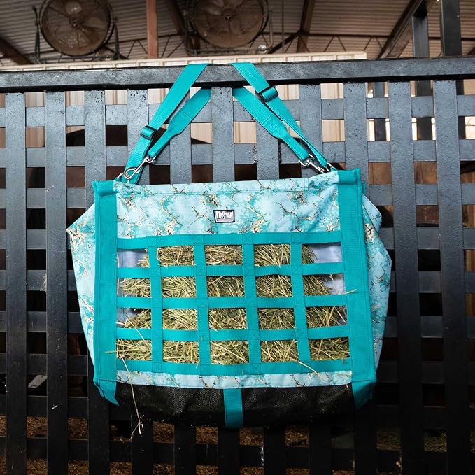 Jeffers Expression Extend Feed Hay Bag - Natural Slow Feed Hay Feeder, Durable 600D Material, Mesh Bottom & Top Loading Design, Holds Up to 2 Flakes for Horses, Goats & Livestock - Bisbee Blue
