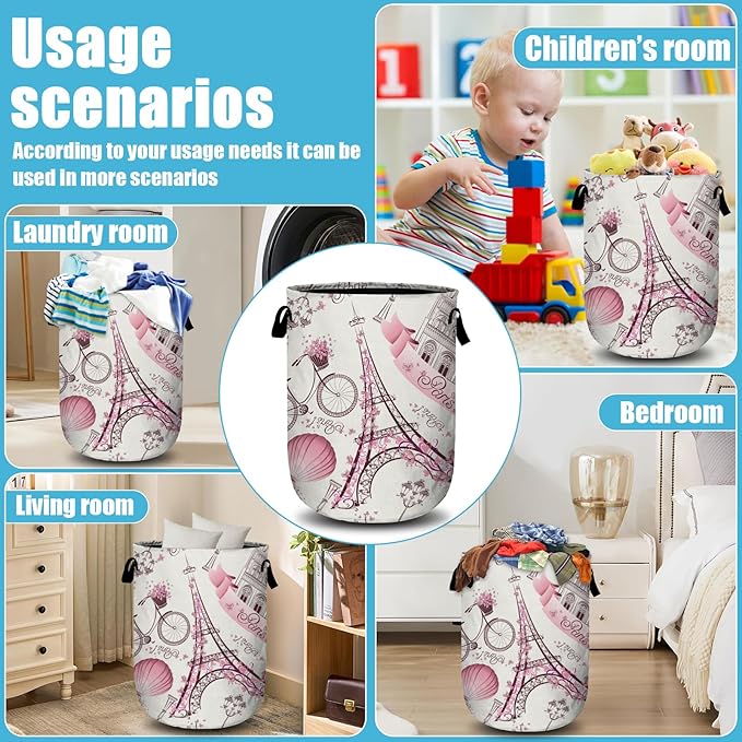 Romantic Paris Eiffel Tower Laundry Basket, Laundry Hamper Collapsible Oxford Cloth with Handle Clothes Storage Bin for Bathroom Laundry Room Bedroom 15.7 X 20 Inch