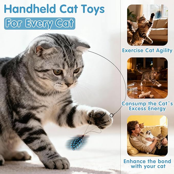 Walfront Interactive Cat Wand Toy with Blue and Green Spotted Insect Heads, Cat Teaser Wand for Multi Cat Homes, Indoor Play for Kittens and Adult Cats, Promotes Fun, Activity, and Owner Bonding