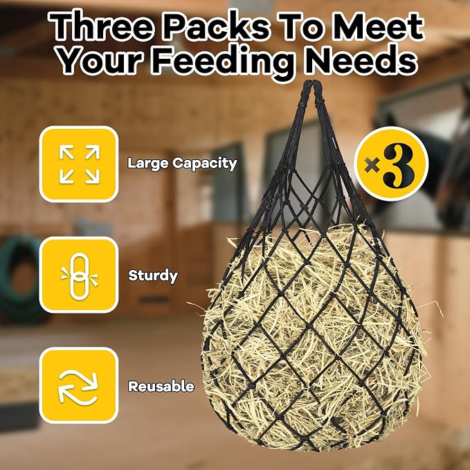 YedsIntu 3 Pcs Hay Bags for Horses, Hay Nets for Horses Goat Sheep,Goat Hay Feeder for Slower Feeding,Strong Load-Bearing Hay Bag Hanging for Horse Stable Trailer (Black)