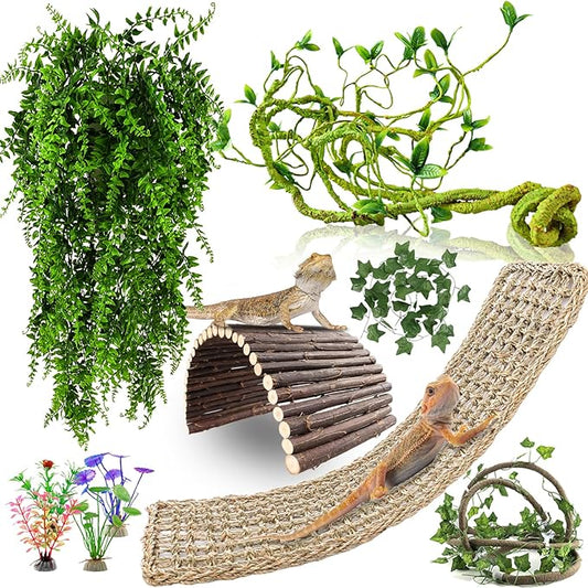 RUNANIA Bearded Dragon Tank Accessories, 10 PCS Reptile Hammock Plants Bridge Jungle Climber Vines for Snakes Bearded Dragon Chameleon Gecko Lizard