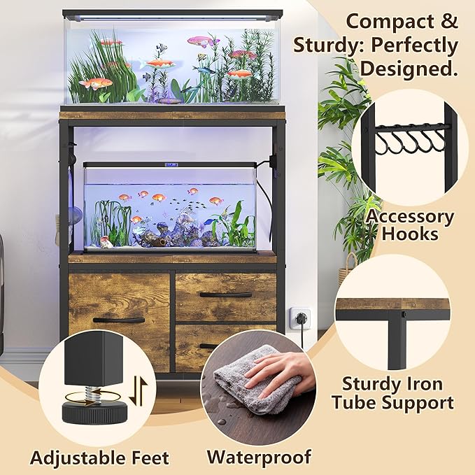 Heybly 10-20 Gallon Fish Tank Stand, Aquarium Stand with Drawer, Power Outlet, Heavy Duty Metal Frame, for Fish Tank, Turtle & Reptile Terrarium, 24.4" × 12.6" Top, 200lbs, Rustic Brown HAS003SSR
