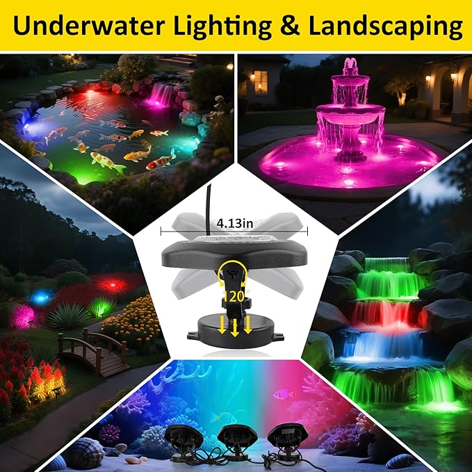 T-SUN Pond Lights LED Underwater 16M Colors with App and Remote, Submersible Fountain Light with Timer and Dimmable, Music Sync, Outdoor Spotlights for Koi Pond, Garden, Yard