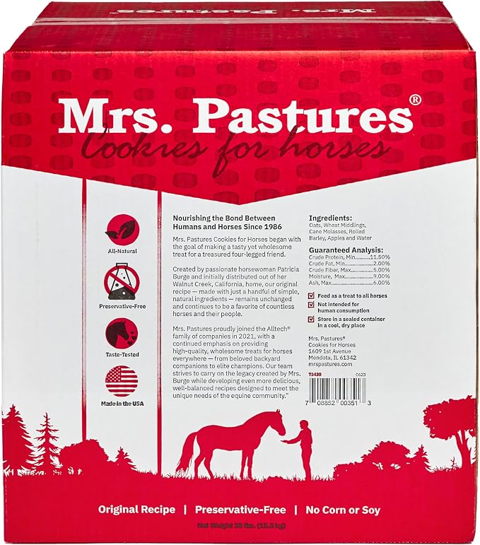 Mrs Pastures Cookies and Treats for Horses - Premium Horse Treats - Made with Apples, Oats, and Rolled Barley - Preservative Free - All Natural Ingredients - No Corn or Soy (35lb Refill Box)
