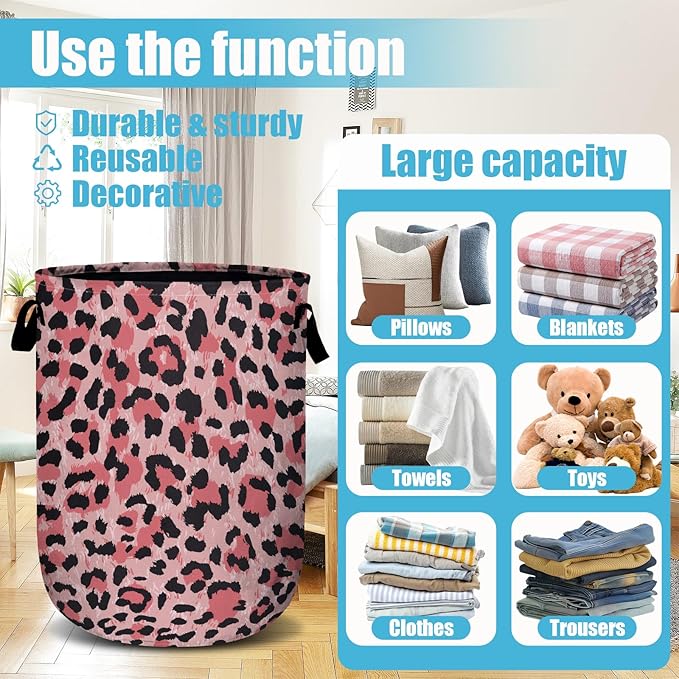 Pink Leopard Laundry Basket, Laundry Hamper Collapsible Oxford Cloth with Handle Clothes Storage Bin for Bathroom Laundry Room Bedroom 15.7 X 20 Inch