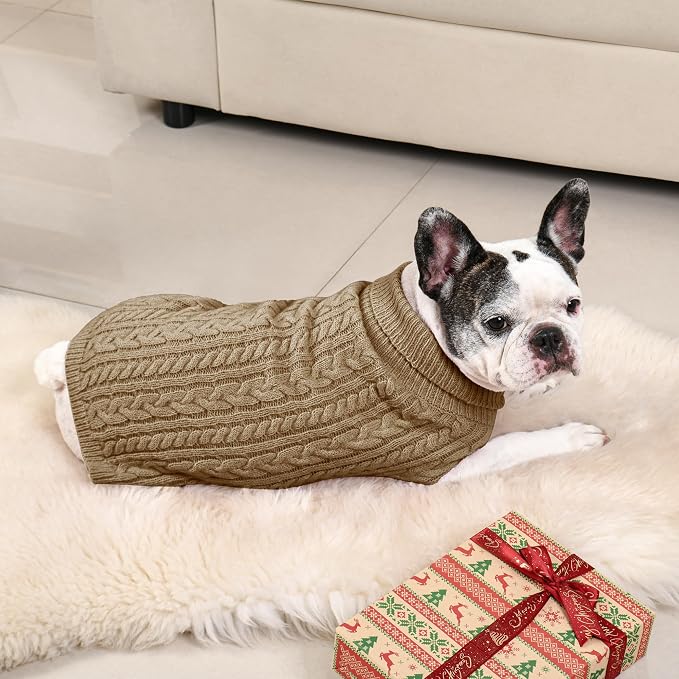 Dog Sweater 2 Pack for Medium Dogs, Size M, Red & Brown | Stretchy cable knit turtleneck, machine washable, high belly cut, comfy winter fit for French Bulldog, Pug