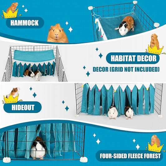 Guinea Pig Hideout - Guinea Pig Corner Hideout, Four-Sided Fringes, Rectangular Top and Washable Hides, Suitable Hides for Guinea Pigs and Rabbit, No Metal Fences, Blue