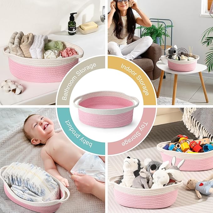 2 Pack Small Woven Basket with Gift Bags and Ribbons, Empty Decorative Gift Chest Box, Cute Baby Gift Basket for Nursery, Cotton Rope Room Shelf Storage Basket with Handles, All 12"x 8"x 5", Pink
