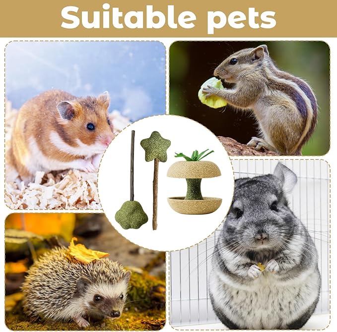 3PCS Hamster Stuff, Rabbit Chew Toys, Rat Toys, 2 Chew Sticks and 1 Apple Core, Small Animal Teeth Care, Natural Wood Material