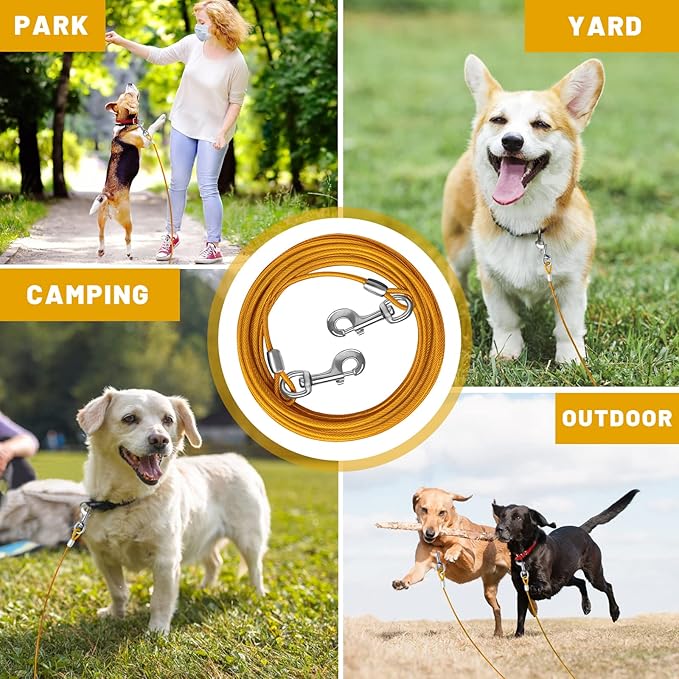 Dog Tie Out Cable 10/15/20/25/30 FT Dog Runner for Yard Steel Wire Dog Cable with Durable Superior Clips Yellow Dog Chains for Outside Dog Lead for Large Dogs Up to 165 lbs