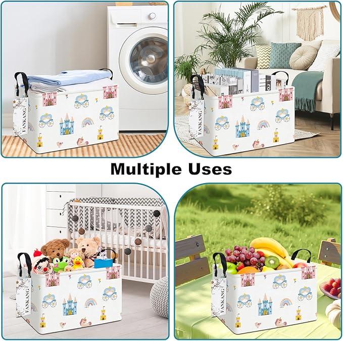 Storage Bins, Nursery Hamper Canvas Laundry Basket Foldable with Waterproof PE Coating Large Storage Baskets for Kids Boys and Girls, Office, Bedroom, Clothes,Toys(Rec-castle carriage ）