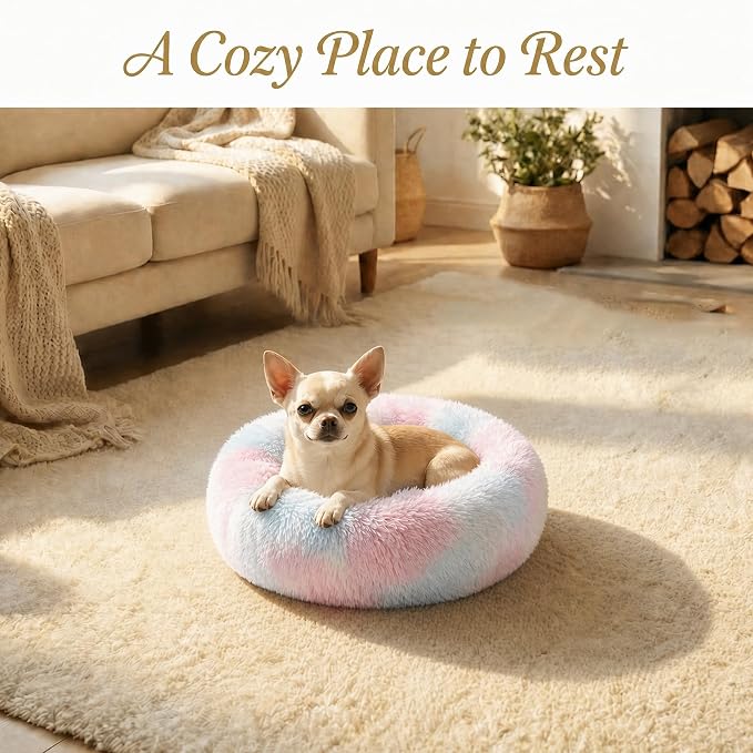 Tiny Dog Bed 15 Inch for Extra Small Dogs,Washable Puppy Bed,Soft Faux Fur Calming Donut Bed for Chihuahua Yorkie Maltese Pomeranian,Rainbow