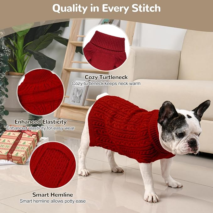 Dog Sweater 2 Pack for Medium Dogs, Size L, Red & Brown | Stretchy cable knit turtleneck, machine washable, high belly cut, comfy winter fit for French Bulldog, Corgi