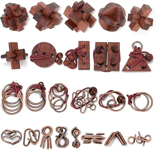 24 Pcs Brain Teaser Puzzles for Adults and Teens - Metal Puzzles 3D Puzzle Game Toys for Adults Teens - Wooden Unlock Interlocking Puzzle Adult IQ Education Smart Toys
