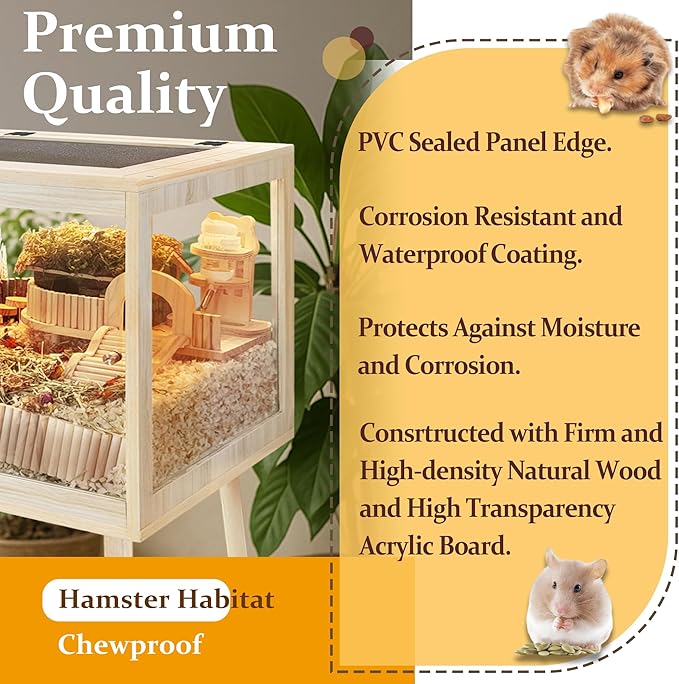 PROLEE Hamster Cage Chewproof, Mice and Rat Habitat with Transparent Sides, Hamster Cage with Openable Mesh Top, Solid Built with Lock Design and Leg Stand, 32" Long