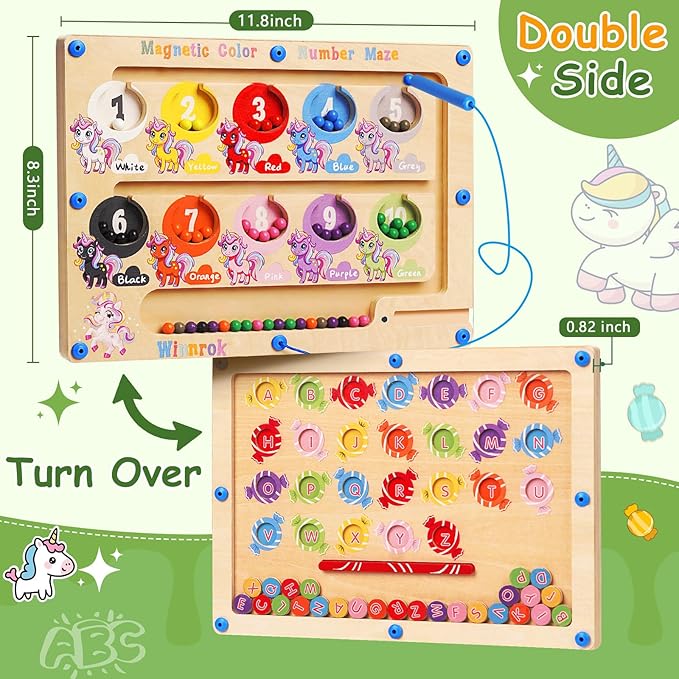 2 in 1 Double Side Magnetic Color & Number Maze, Alphabet Board Aged 1-3 Unicorn Toys, Montessori Magnet Puzzle Learning Counting Matching Gifts for Toddlers Kids Girls Boys 3 4 5 Birthday Gifts Toys