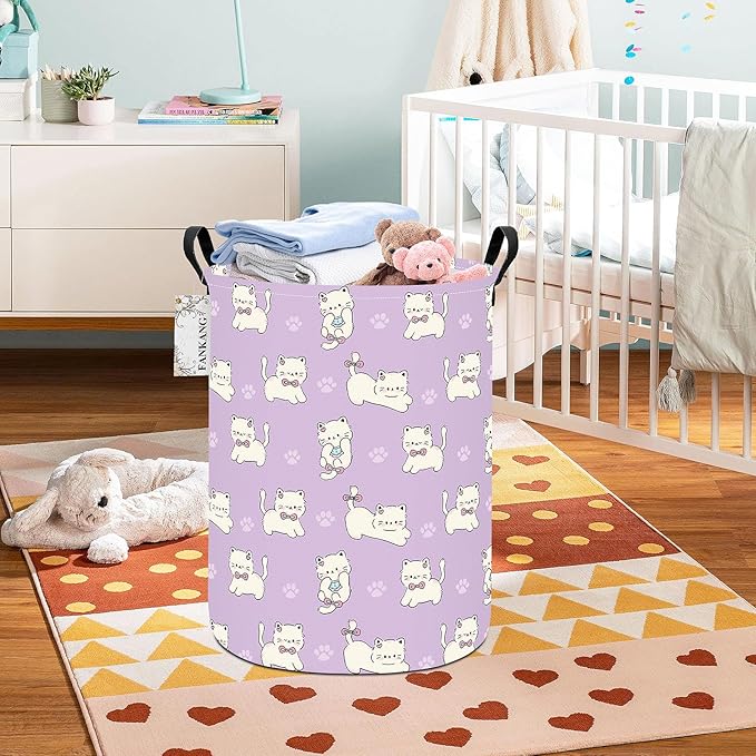 Storage Basket, Nursery Hamper Canvas Laundry Basket Foldable with Waterproof PE Coating Large Storage Baskets for Kids Boys and Girls, Office, Bedroom, Clothes,Toys(Cat)