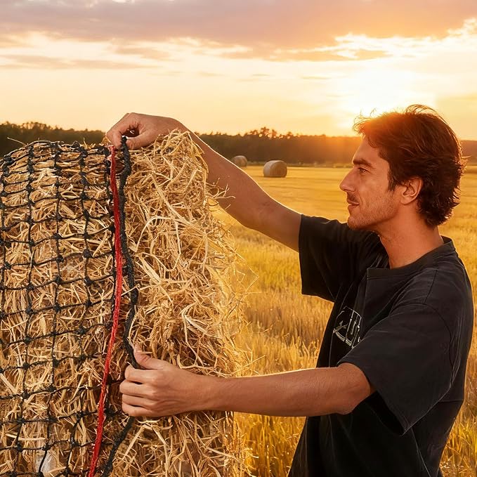 VEVOR Round Bale Hay Net, 4.92 x 4.92 x 4.92 ft, 1.75 inch Holes, PE Material, Reinforced Knotted Design, with Zip Ties, Needle Shuttle, and Repair Twine, Slow Feeder Round Bale Net for Horses