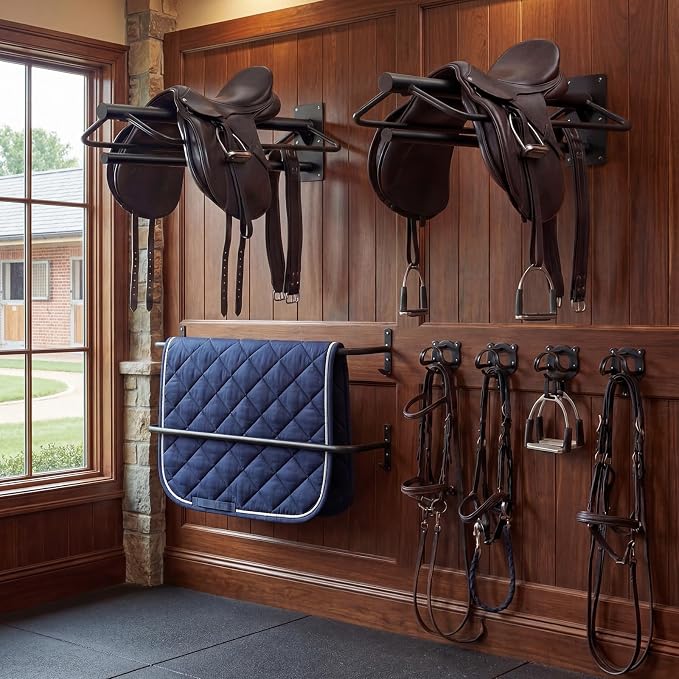 Paterr 8 Pack Horse Tack Storage Rack, Include 2 Saddle Holders, 4 Wall Mounted Bridle Hooks and 2 Blanket Bars, Detachable Heavy Duty Stable Metal Tack Organizer for Barn Stable Rack Room