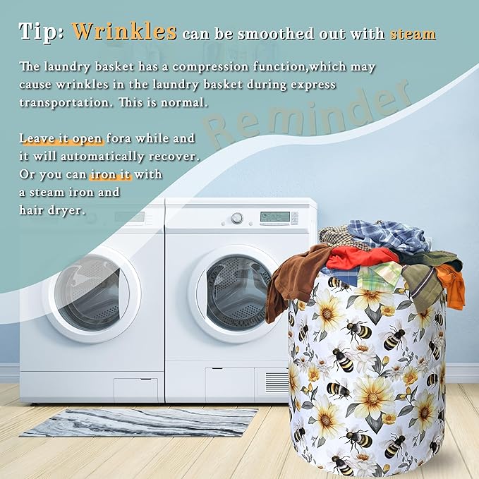 Cute Bees Laundry Basket Foldable With Handles Tote Bag Oxford Cloth Yellow Flowers Colorful Laundry Hamper Clothes Storage Bucket Toy Organizer 18.9" x 16.5" For Bathroom/Laundry/Bedroom