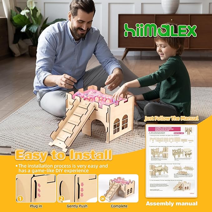 HIIMALEX Sturdy Guinea Pig Hideout Wooden Castle for Guinea Pig Chinchilla Hedgehog Gerbil Hamster Rat House Habitat for Playing and Hiding (Castle with Ramp & Mat)
