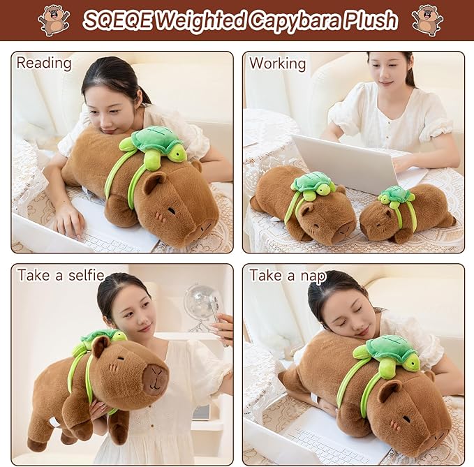 SQEQE Weighted Stuffed Animals Capybara Plush, Weighted Capybara Stuffed Animals with Turtle Backpack, Soft Pillow Toy for Kids Adults, Valentines Gifts, Birthday Presents 13.8 Inch, 1.7 Lbs