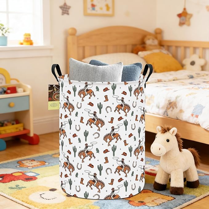 Collapsible Fabric Storage Basket, Waterproof Laundry Hamper with Handles, Round Storage Bin for Clothes Toys, Foldable Organizer for Bedroom Nursery Bathroom(Round-Cowboy)