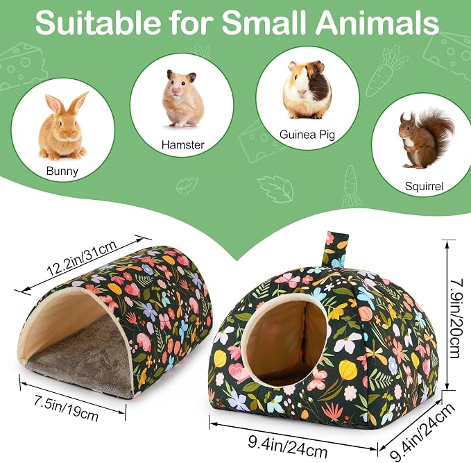 Guinea Pig Hideout, Bienbee Washable Rabbit Bed with Guinea Pig Tunnel, 2 Pack Guinea Pigs Toys Set Bunny Hideout Cage Accessories for Hamster Ferret Rabbits Bunny, Green Flowers
