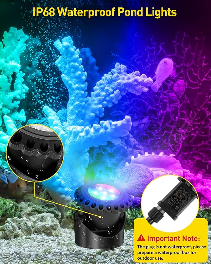 T-SUN Underwater LED Pond Lights – IP68 Waterproof Submersible Fountain Lights with Bluetooth App & Remote, 16 Million Colors Underwater Lighting for Koi Ponds/Garden Water Features Aquarium (10-Pack)