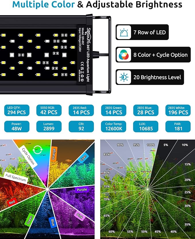SEAOURA Plant Growth Aquarium Light, 24/7 Custom Timer, Power-Off Memory, 48-54in Full Spectrum Aquarium Plant Lights, 7-Row LED 8 Colors, 20 Adjustable Brightness, Day & Night Cycle for Freshwater