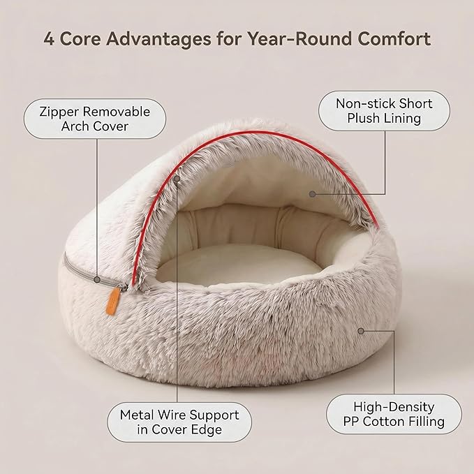 Hooded Dog Bed, Cat Cave Bed with Removable Hood, 2-in-1 Convertible Donut Cat Bed, All Season Fluffy Pet Bed for Cats Small Dogs (Cave Bed - Coffee Color, Medium 19.7 Inches)