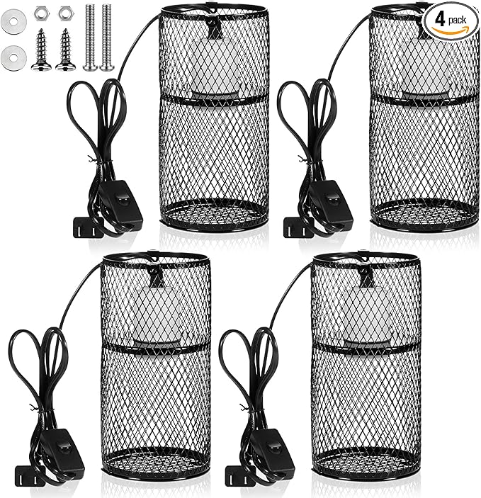 VIHOSE 4 Pcs Reptile Heat Lamp Guard with 150W Ceramic Heat Emitter Basking Anti Scald Heating Lamp Holder Mesh Cage Reptile Protection Lampshades for Lizard Snake Chick