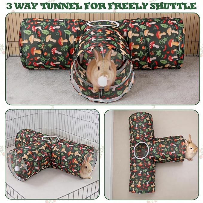 BWOGUE Bunny Tunnels & Tubes Collapsible 3 Way Bunny Hideout Small Animal Activity Tunnel Toys for Dwarf Rabbits Guinea Pigs Kitty