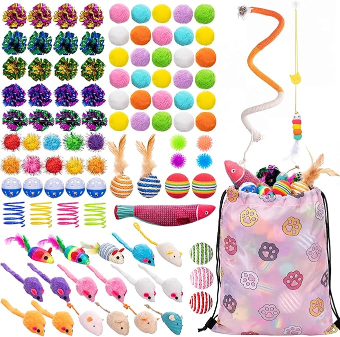 Leitee 100 Pcs Cat Toys Assortment with 1 Gift Storage Bag, Interactive Cat Play Set for Indoor Kitten, Colorful Springs, Mouse Toys, Chew Ropes, Balls, Bells & Sisal Ball