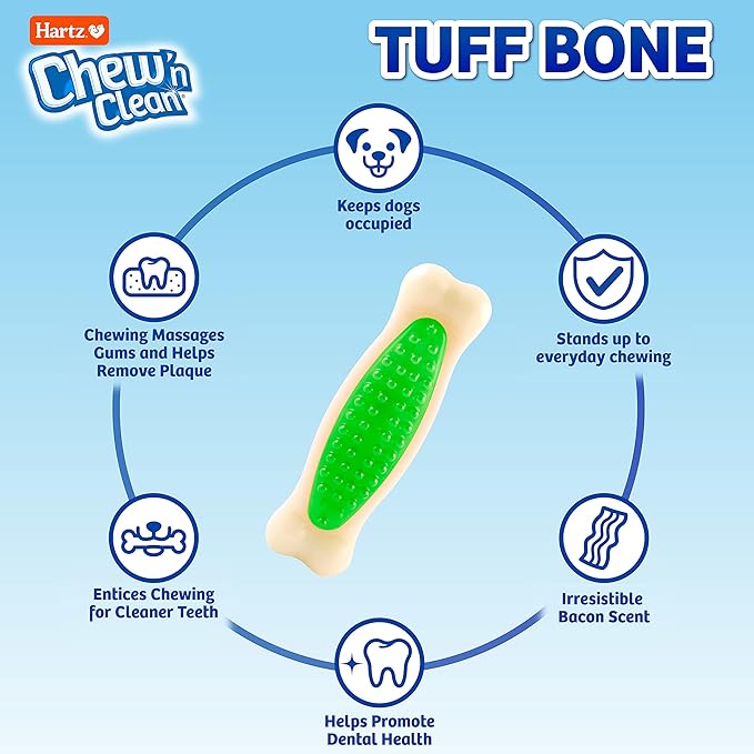Hartz Chew 'n Clean Tuff Bone Bacon Scented Dental Dog Chew Toy - Medium (Pack of 2)