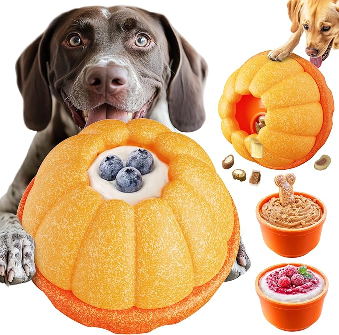 KADTC 3-in-1 Dog Frozen Treat Ball, Large Size, No-Transfer Fill & Freeze Lick Cup, Treat Dispenser & Tough Chew Toy, Long-Lasting Enrichment Toy for Dogs, Orange-Shaped