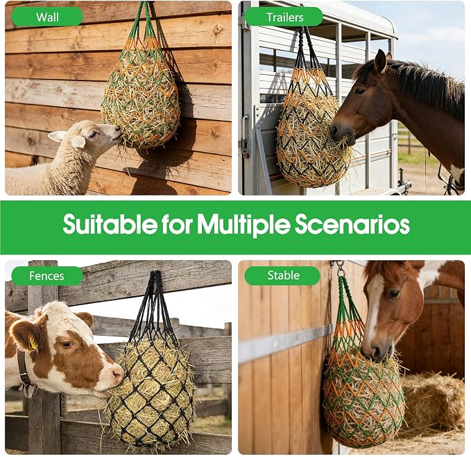 3 Pack Slow Feed Hay Nets for Horses, 40-Inch Durable Mesh Hay Bags with Carabiners and Gloves, Durable Hanging Hay Net for Goat Sheep, Livestock Hay Feeder for Stable Trailer Pasture