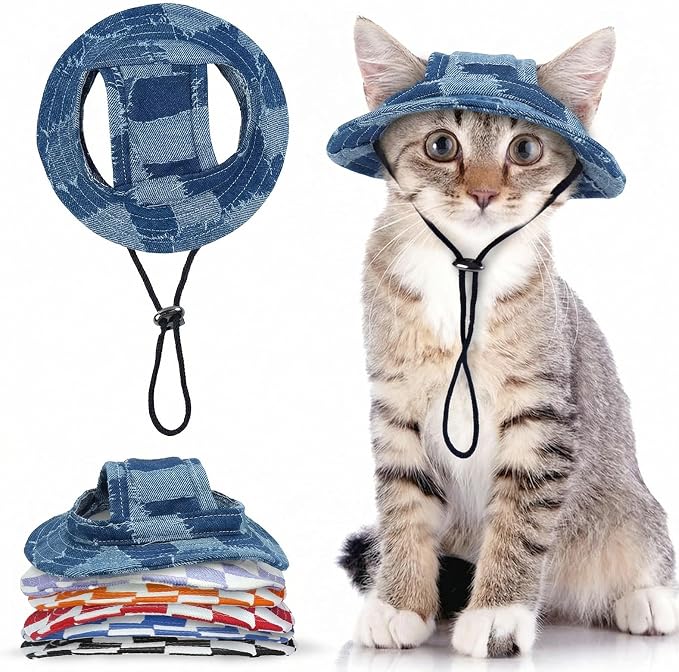 QBLEEV Cat Hats for Cats Only, Sphynx Hat with Ear Hole, Summer Cowboy Hats | Breathable kitten headwear mini sun sombrero caps, pet chihuahua sunscreen baseball outdoor climbing cap for birthday party