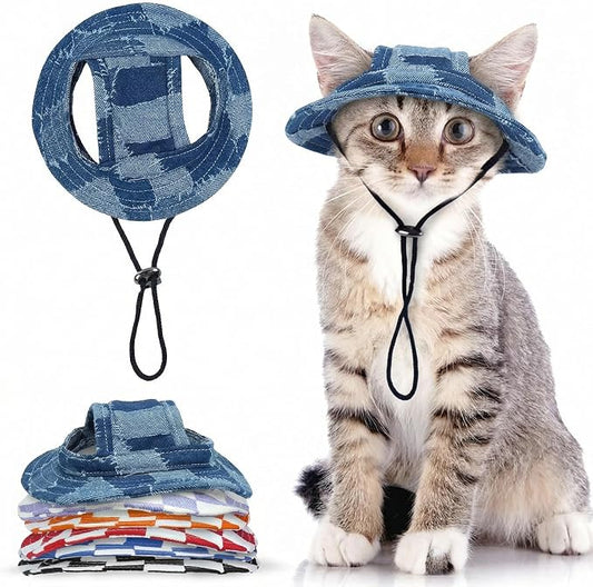 QBLEEV Cat Hats for Cats Only, Sphynx Hat with Ear Hole, Summer Cowboy Hats | Breathable kitten headwear mini sun sombrero caps, pet chihuahua sunscreen baseball outdoor climbing cap for birthday party