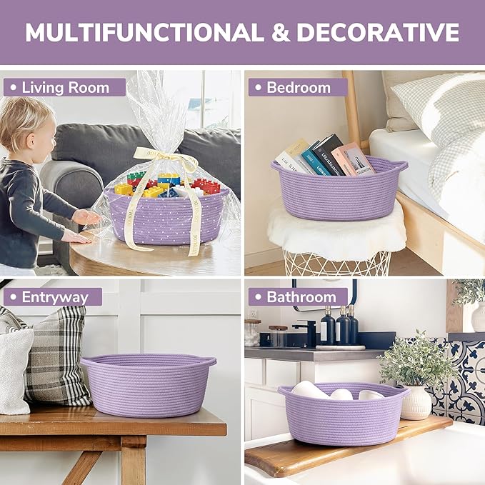 CHICVITA Small Woven Basket with Gift Bags & Ribbon Baskets for Gifts Empty, Rope Baskets for Organizing, Home Decoration for Kids,13.6"x 10" x 6", Purple