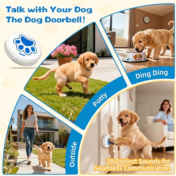 Dog Bells To Go Outside Puppy Dog Bell for Door Potty Training with 28 Ringtones Doorbell Integrated Chew-Proof Design Potty Train Bells Your Doggy to Ring The Bell Adjustable Volume (0-115dB)