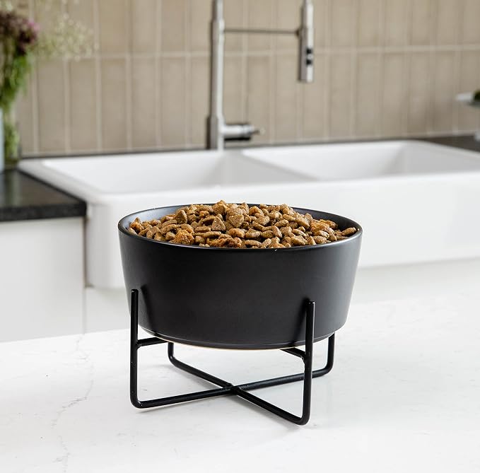 Waggo Simple Solid Dog Bowl and Dog Bowl Stand - Single Iron Stand with Single Ceramic Feeder or Water Bowl (Matte Black, Medium)